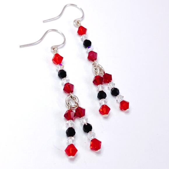 VTG Artisan Sterling Filled Swarovski Red Black Crystal Dangle Earrings Handmade - Picture 16 of 16